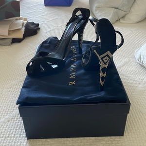 Ralph Lauren Purple Label Jaime Black Suede Heels w/ Silver Chain Detail — NEW!!